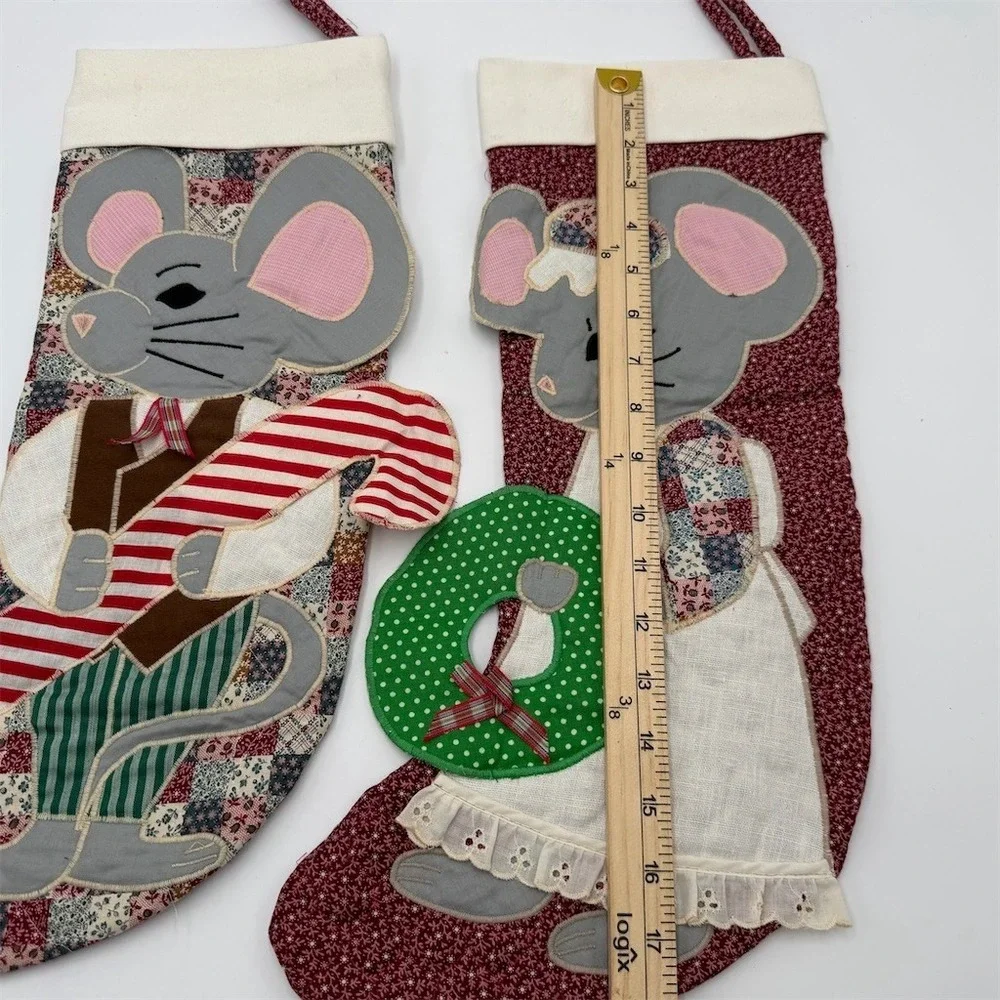 MON AMI Set of 2 Quilted Christmas Stockings Mouse Applique Burgundy Large‎